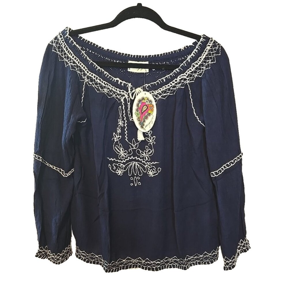 Embroidered boho top by Magazine Tassel tie front 100% Cotton Size M New